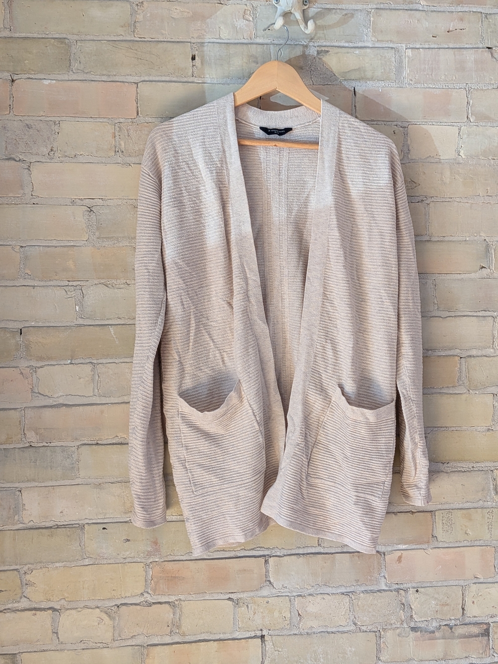 2 For $40 Denver Hayes Open-Front Ribbed Cardigan in Light Beige